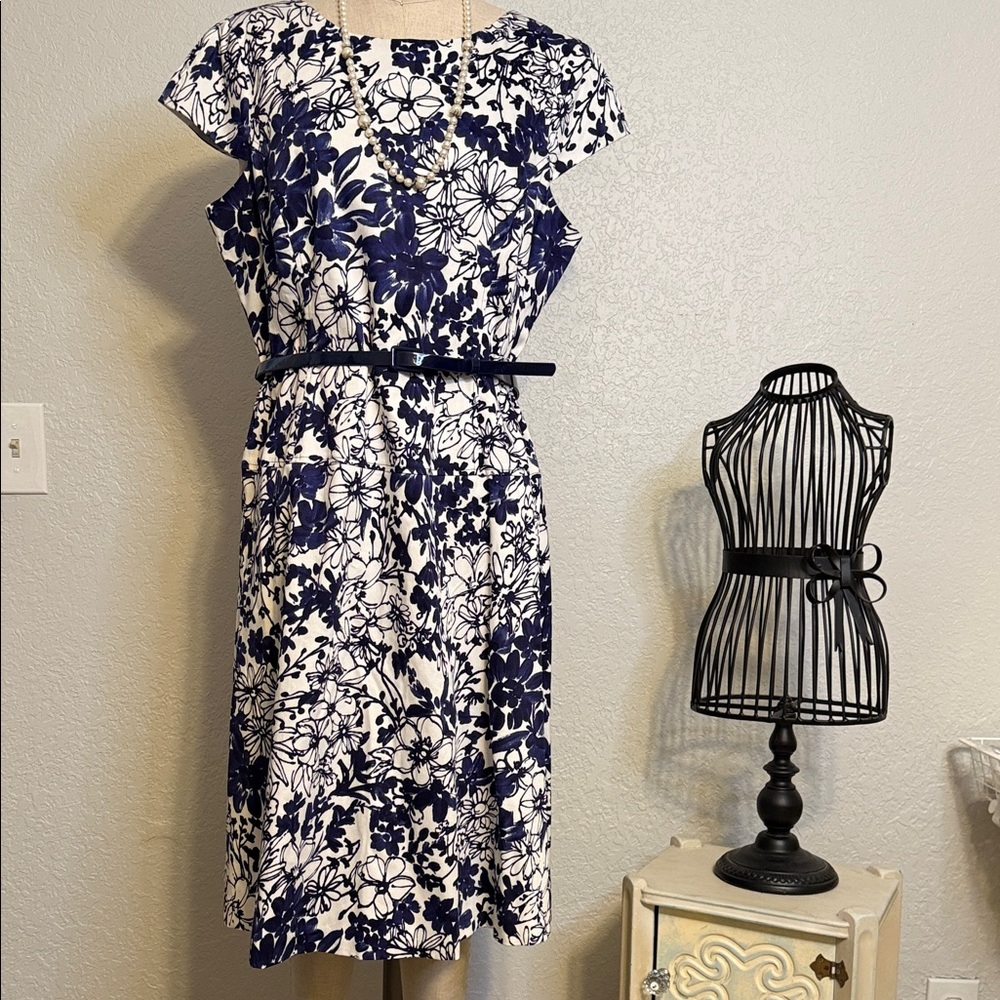 Anne Klein Navy and White Floral Midi Dress - Picture 3 of 11